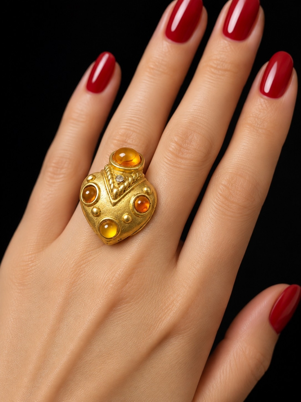 Vintage 1980s Artisan Statement Ring Amber Cabochon Gold Tone Adjustable
